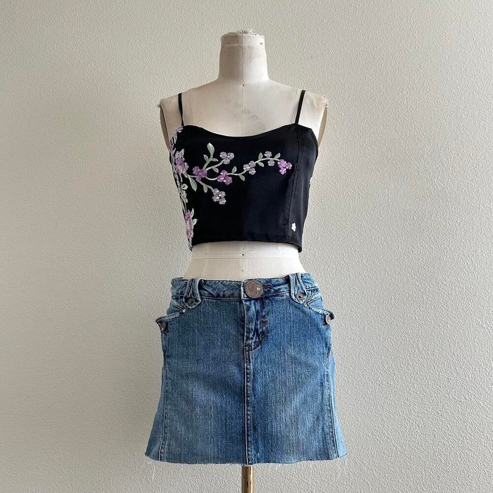 handmade black embroidered floral satin camisole